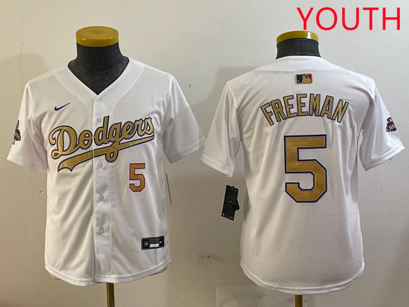 Youth Los Angeles Dodgers 5 Freeman White Champion gold character 2025 Nike MLB Jersey style 6